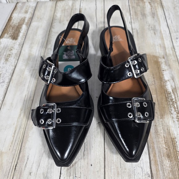 wild fable Shoes - Wild Fable Black Pointed Toe Buckle Slingback Flat Grommet Punk Shoes Size 8 NWT